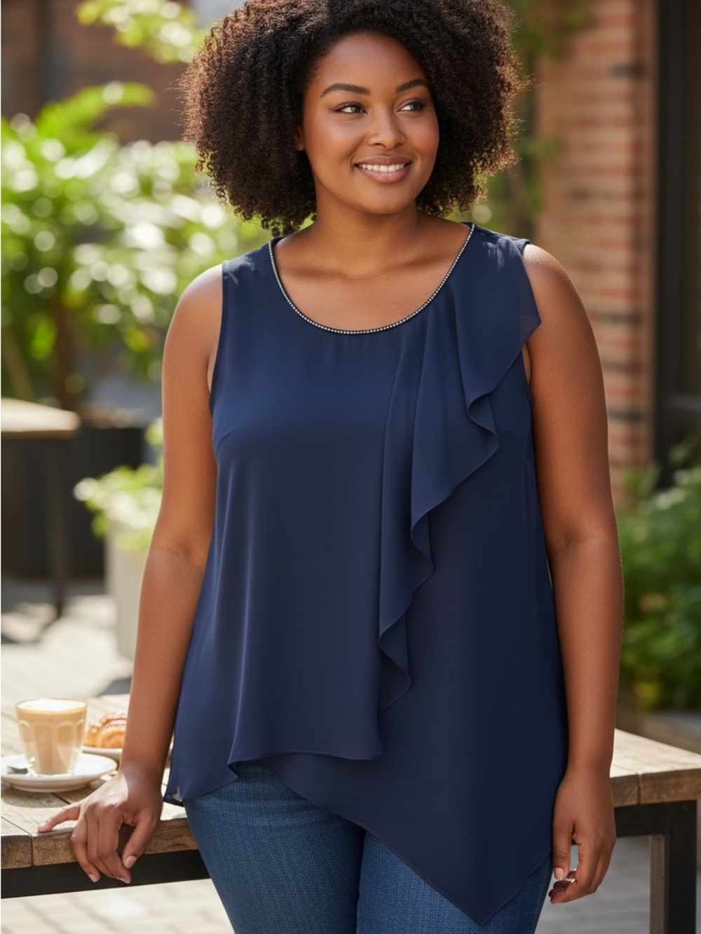 MELANIE LYNE Navy Sleeveless Ruffle Asymmetric Top size xl